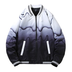 Chaquetas Universitarias para Mujer, Chaqueta Universitaria de Mezclilla para Hombre con Estampado de Ondas, Cierre de Cremallera, Corte Ajustado, Estilo Bomber de Béisbol, Técnica de Teñido Liso - Product Image 1