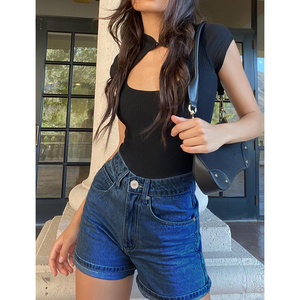 Shorts de Mezclilla de Cintura Alta para Mujer, Color Sólido, Lavado a la Piedra, Estilo Casual de Verano, Corte Regular, Cierre de Botones, Shorts de Mezclilla de Algodón Tejido - Product Image 4