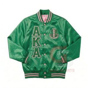 Blouson universitaire rose-vert en satin, style bomber, pour femme, brodé, vêtement grec universitaire, style universitaire, pour sororité - Product Image 2