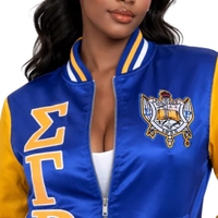 Blouson Bomber Femme Personnalisé SGRHO – Sororité Grecque Sigma Gamma Rho – Bleu et Or Brodé – Veste Décontractée Zippée