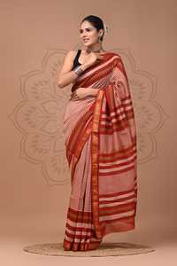 Premium Hand Block Print Maheshwari Silk Saree with Zari Border – Handmade Indian Saree Elegant Maheshwari Silk Saree - Product Image 1