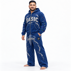 Conjunto de Sudadera con Capucha de Forro Polar Grueso Lavado Unisex Personalizado con Cremallera Completa y Pantalones de Chándal de Pierna Ancha con Estampado, Etiqueta Personalizada, Chándal Casual, Proveedor OEM - Product Image 2