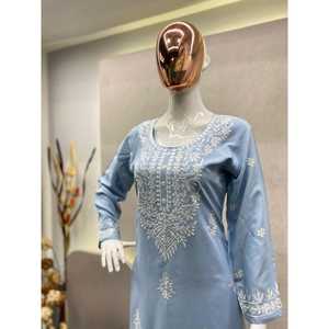 DESIGNER RAYON COTON BRODERIE TRAVAIL KURTI AVEC PALAZZO SKY - Product Image 3