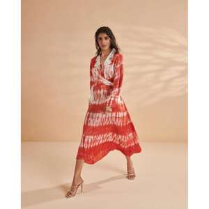 Vestido Maxi Cruzado con Estampado Tie Dye Rojo y Blanco para Mujer, Vestido Estilo Camisa de Manga Larga con Cuello en V, Ropa de Verano Estilo Bohemio para Mujer - Product Image 2