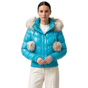 Chaqueta Acolchada Turquesa con Capucha con Ribete de Piel, Cierre de Cremallera en las Mangas Completas, Color Sólido, Impermeable, Térmica y Ecológica para Mujer - Product Image 5