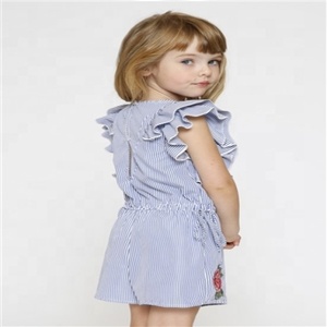 Barboteuse à rayures moderne pour enfants, tenue brodée à fleurs, manches évasées, tunique en coton pour petits filles, tendance été 2019 - Product Image 4