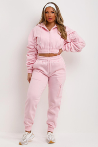 Conjunto Deportivo Rosa para Mujer, Top Corto con Capucha, Pantalones Largos, Color Sólido, Estilo Casual Holgado, Ropa Deportiva para Otoño - Product Image 2