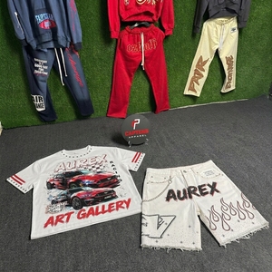 <b>Men's</b> Summer T Shirt Cropped <b>Studded</b> Streetwear Acid Wash Screen Printed T Shirt Shorts Set <b>Men's</b> Summer 100% Cotton Outfit - Product Image 2