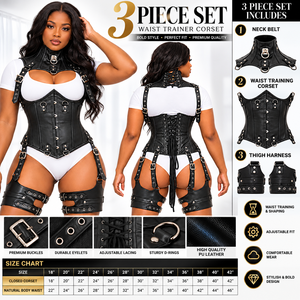 Conjunto de 3 Piezas de Corsé Gótico de Cuero para Mujer con Collar y Arnés para Muslos - Product Image 4