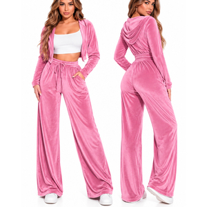 Ensemble de survêtement 2 pièces en velours noir pour femme, sweat à capuche zippé à manches longues et pantalon large, tenue décontractée - Product Image 3
