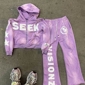 Ensemble jogging et sweat à capuche zippé noir vintage personnalisé pour homme, en molleton de coton léger, avec logo, style streetwear décontracté - Product Image 2