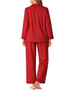 Ensemble de pyjama pour femmes à carreaux rouges personnalisés, manches longues, boutonné, vêtements de nuit en coton doux, ensemble de vêtements de détente à deux pièces, vêtements de maison - Product Image 2