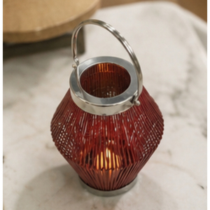 <b>Tapered</b> Red Bamboo Lantern <b>Candle</b> Holder with Metal Handle for Home Decoration - Product Image 6