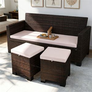 Sgabello da Esterno a Due Pezzi con Poggiapiedi in Rattan e Cuscino Crema, Poggiapiedi per Arredamento da Giardino - Product Image 1