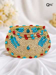 Gold Rhinestone Crystal Evening <b>Clutch</b> <b>Bag</b> Handmade <b>Bridal</b> Party Wedding Purse with Velvet Lining up to 1L Capacity - Product Image 1