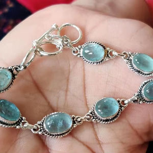 Blue Aquamarine 925 Sterling Silver Bracelet Bohemian Charm Handmade Gemstone Jewelry Gift Women Men - Product Image 1