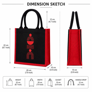 Sac fourre-tout en jute à motif géométrique, noir et rouge, taille moyenne, avec poignée longue, pour usage quotidien, cadeau et fêtes - Product Image 2