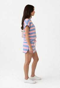 Women's Pink Blue Striped Short Sleeve Top And Drawstring Skirt Two Piece Casual <b>Set</b> - Product Image 5