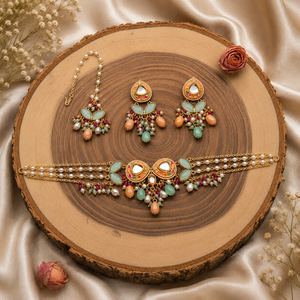 Traditional Ethnic Antique Gold Plated Copper Alloy Imitation Pearl Jewelry <b>Set</b> <b>Crystal</b> Rhinestone Necklace Earrings Women - Product Image 4
