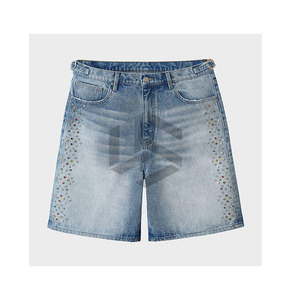Shorts en jean personnalisés délavés à l'acide, 100 % coton non tissé, écologiques, à taille élastique, pour hommes et femmes, style streetwear décontracté, vente en gros - Product Image 6