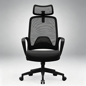 Chaise de bureau ergonomique en maille avec appui-tête réglable, accoudoirs fixes, base pivotante en plastique, hauteur réglable, design contemporain, noir - Product Image 1