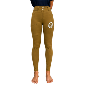 Leggings d'équitation taille haute marron moutarde pour femme, extensibles, en tissu texturé avec détail poche, pour cavalier - Product Image 1