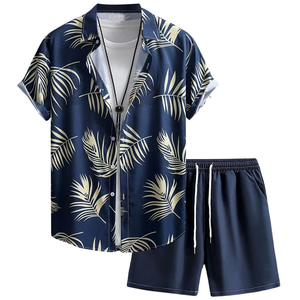 Mens Tropical <b>Leaf</b> Print Summer Two Piece Set Short Sleeve Button Shirt And Elastic Waist Shorts Lightweight Beach Outfit - Product Image 5