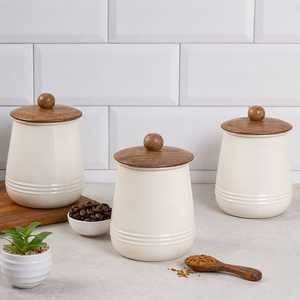 Ceramic Food <b>Storage</b> Containers With Wooden Lids Airtight Minimalist Design For Kitchen Use Sugar Coffee Salt Tea Jars - Product Image 2