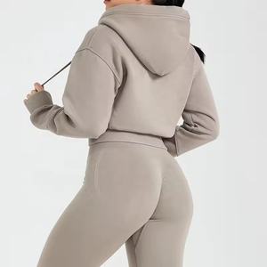 Best Quality Women Blank <b>Crop</b> top Tracksuit Full <b>Zip</b> <b>Up</b> Drawstring Soft Fleece <b>Crop</b> Top <b>Hoodie</b> And Sweatpants Women Tracksuit - Product Image 2