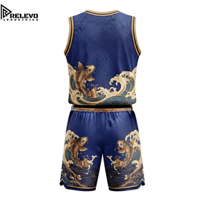 Ensemble de maillot et short de basketball personnalisé OEM de haute qualité, imprimé poisson Koi et vagues, uniforme athlétique sublimé bleu et or - Product Image 2