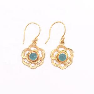 Pendientes hechos a mano de Calcedonia chapados en oro, pendientes de gota de moda con gancho colgante de piedras preciosas redondas cortadas a cuadros rosas - Product Image 3