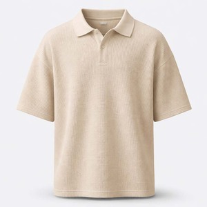 เสื้อเชิ้ตผู้ชายผ้าวาฟเฟิลพิมพ์โลโก้ตามสั่ง สีเบจ ผ้าฝ้ายเนื้อสัมผัสพิเศษ ทรงโอเวอร์ไซส์ หลวม สบายๆ ใส่ได้ในฤดูร้อน ผ้าไม่ยับ - Product Image 1