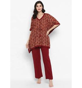 Summer Fresh Collection Burgundy Hand Block Printed Flower Motif Floor-Length Natural Breathable Eco-Friendly Short <b>Kaftan</b> Solid - Product Image 1