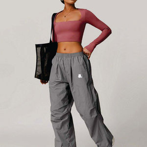 Pantalones Cargo de Punto Grises para Mujer, Cintura Alta, Cordón Elástico, Color Sólido, Corte Holgado, Casual, para Primavera, Transpirables, con Bolsillos - Product Image 1