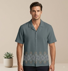 Camisa de Manga Corta para Hombre, Color Verde Azulado, Algodón Popelina, Cuello Clásico, Estampado Geométrico, Informal, Verano, Tejido Transpirable - Product Image 2