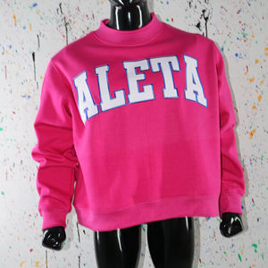 ALETA HOT PINK <b>Mock</b> <b>Neck</b> Sweatshirt 100% WHITE Applique Embroidery wide <b>neck</b> Sweatshirt Finer Threads - Product Image 1