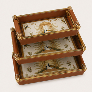 Luxury Mughal Art Peacock Wooden Serving Tray <b>Set</b> of 3 Decorative Nested Trays with Enamel Coated <b>Waterproof</b> Finish - Product Image 6