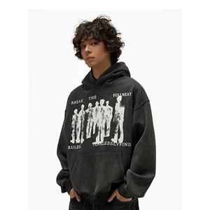 Sudadera con Capucha Extra Grande para Hombre, Negra, de Algodón French Terry, Estilo Urbano, con Estampado, Bolsillo Delantero, Manga Regular, para Otoño - Product Image 6
