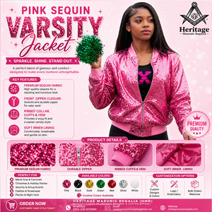 Heritage Masonic Regalia Women Slim Fit Pink <b>Sequin</b> Bomber <b>Jacket</b> Ribbed Knit Varsity Style Mock Collar <b>Jacket</b> Greek Apparel - Product Image 3