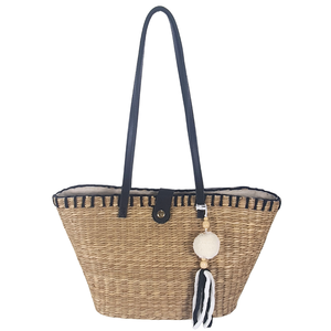 Hot Sale Handwoven Seagrass Casual <b>Tote</b> <b>Bag</b> with Black Leather Handle <b>Zipper</b> Closure Natural Straw Beach Handbag - Product Image 2