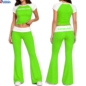 Customized Trade <b>Summer</b> Women's 2 Piece Set Black Short Sleeve Top With Custom Logo Flared <b>Pants</b> Casual All Seasons Knitted - Product Image 5
