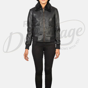 Women Black Real Leather <b>Bomber</b> <b>Jacket</b> With Faux Fur Collar Slim Fit Premium Sheepskin Casual Winter Biker Outerwear Coat - Product Image 3