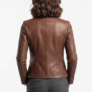Wholesale Women's Casual Leather Jacket Chest Pocket Stand Collar Biker Leather Jackets Ladies Outerwear Fashion Leather Jackets - Product Image 2