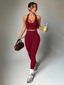 Seamless Two Piece Gym Outfit Plunging Halter Crop Top Bra with Tummy Control Silhouette Sculpting <b>Booty</b> Lifting <b>Leggings</b> - Product Image 1