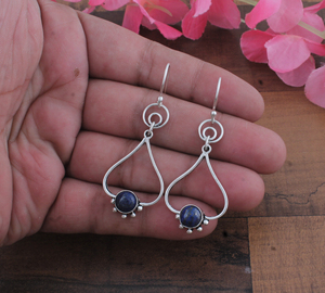 925 <b>Sterling</b> <b>Silver</b> Gold Plated Blue Lace Agate Vintage Drop Earrings | Wholesale Handcrafted Open Teardrop Anniversary Party - Product Image 2