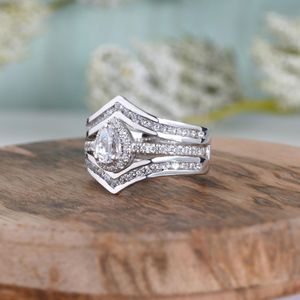 RITZIN Women's Cute Pear Halo Lab Grown Moissanite Enhancer <b>Ring</b> for Wedding Engagement <b>Solitaire</b> in White Gold 10K/14K/18K - Product Image 3