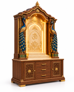 Grand meuble de temple hindou en bois sculpté motif paon pour la maison, élégant meuble de temple domestique en bois sculpté motif paon pour la Pooja - Product Image 2