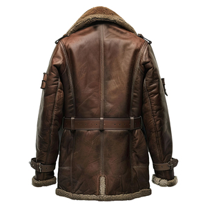 Veste longue en cuir de vachette véritable marron vintage pour homme, doublée en sherpa, col rabattu, ceinturée, double boutonnage, vente en gros OEM - Product Image 6