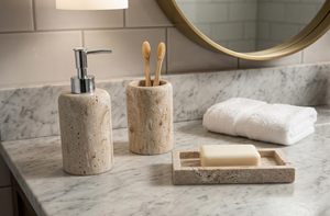 Great Quality Brown Marble Luxury Eco-Friendly Bathroom <b>Set</b> <b>Soap</b> Dispenser and Wash Storage <b>Set</b> for Home and Restaurant - Product Image 2