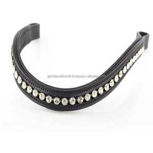 Diadema de cuero acolchada hecha a mano y duradera para caballo, con una sola fila de cristales transparentes y diamantes brillantes. - Product Image 1